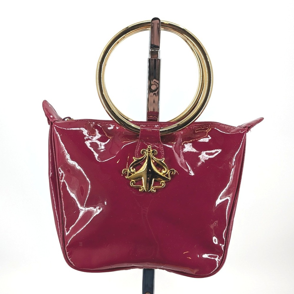 Albert Nipon Magenta Red Patent Leather Ring Handle Handbag Gold Crest